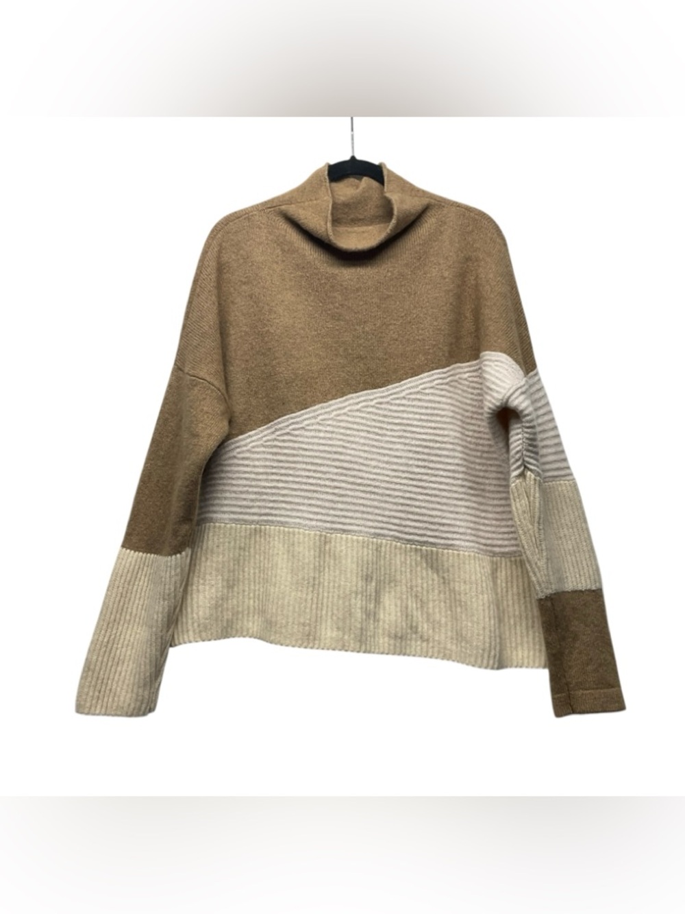 French Connection Wool Blend Neutral Patchwork Funnel Neck Sweater Size L